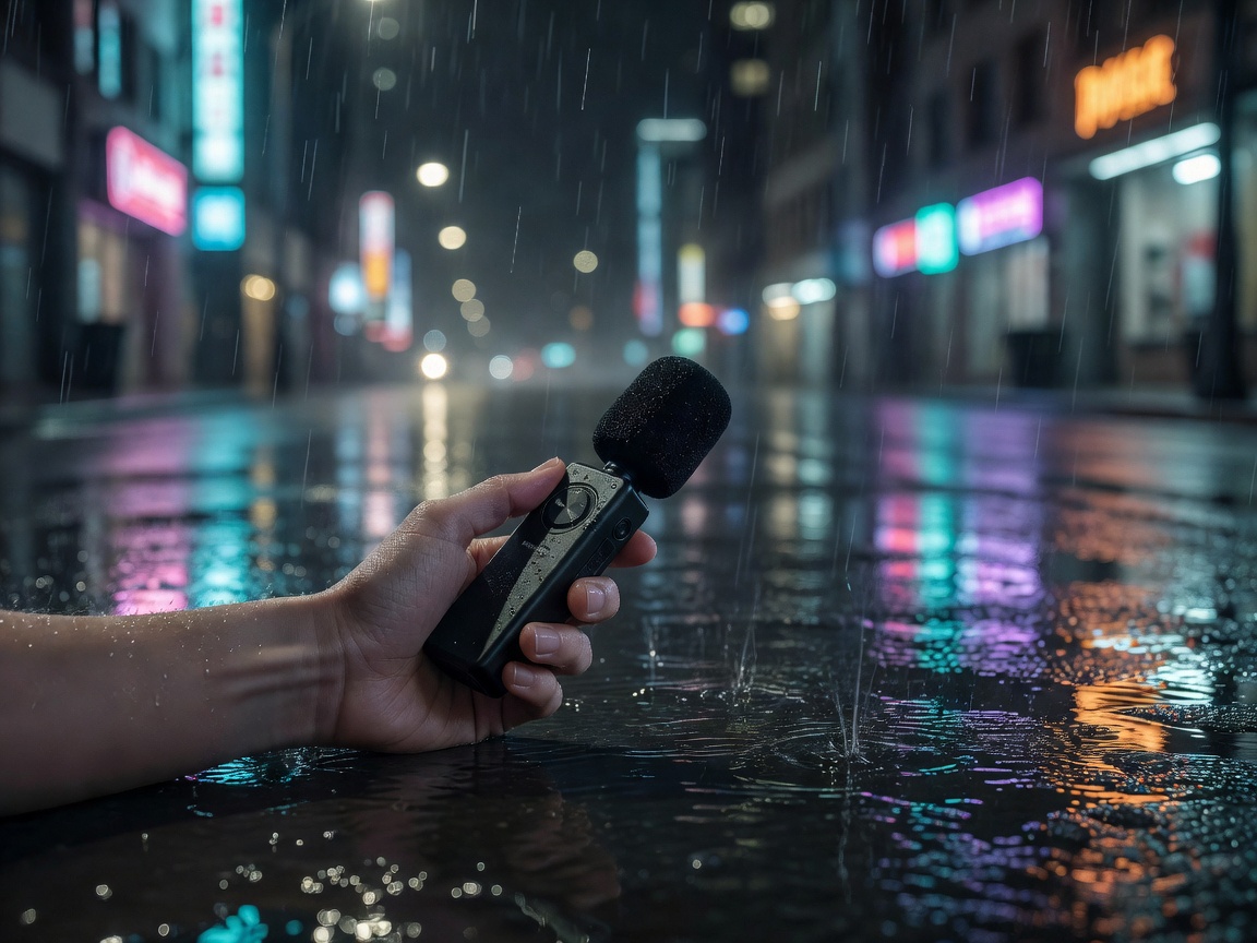 A hand holding a small handheld audio recorder with a foam windscreen on a wet city street at night, lit by streetlamps