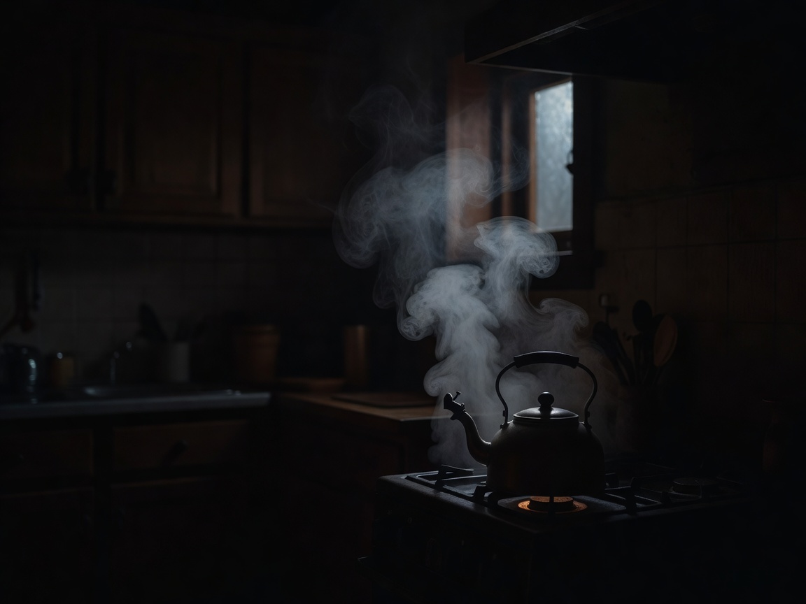 Steam rising from a metal kettle in a dark kitchen with a single beam of light