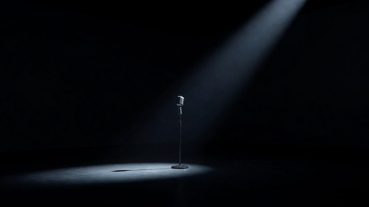 A single microphone on a stand in an empty dark room with a narrow shaft of light