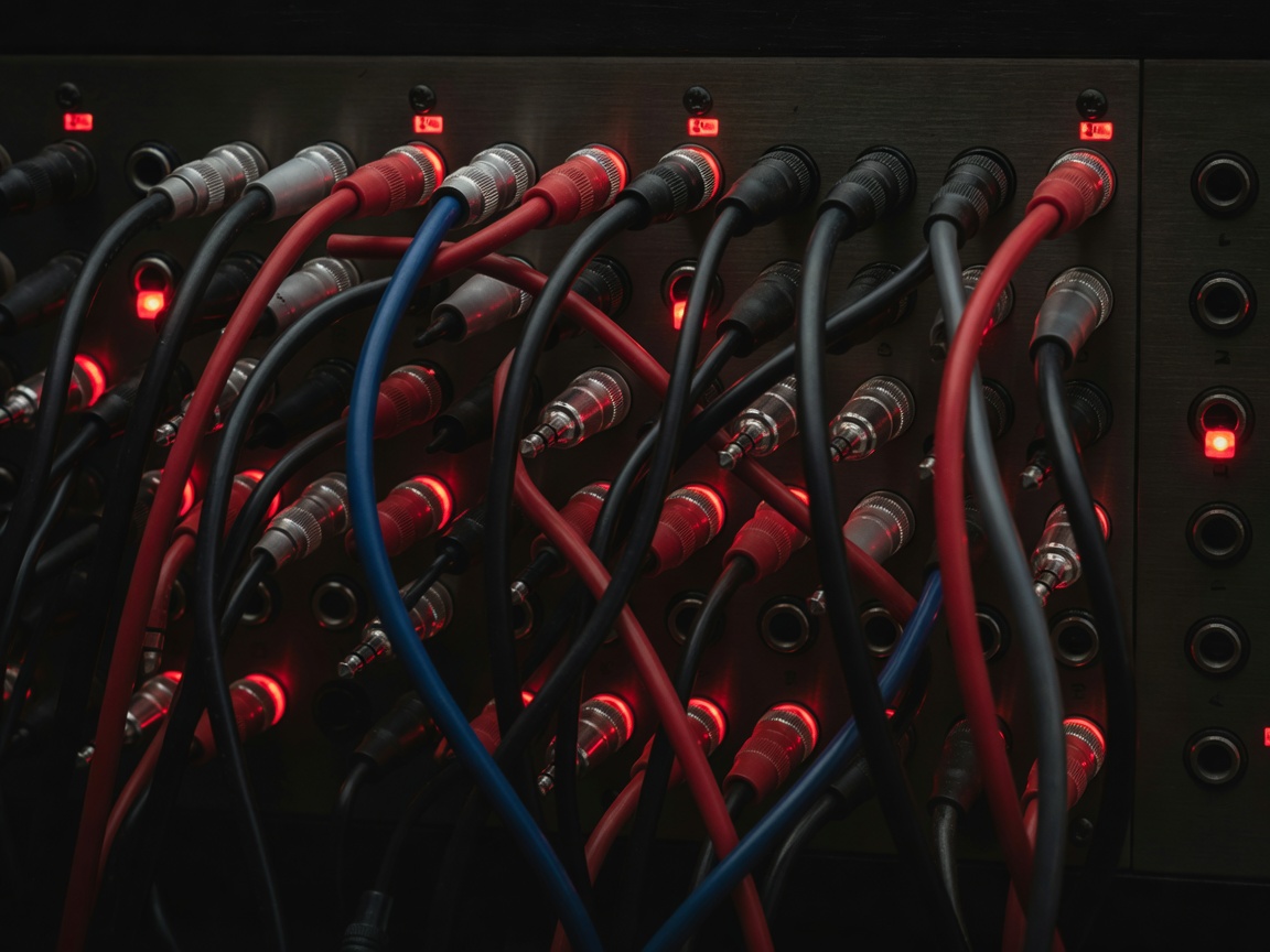 Close-up of tangled patch cables plugged into a modular synthesizer panel under dim red light