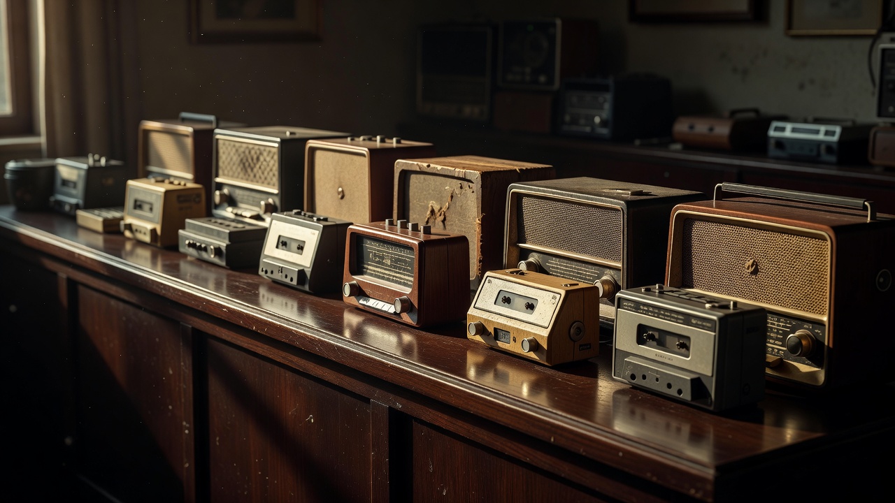 A row of old radio speakers and cassette players on a dark wooden shelf, lit from the side