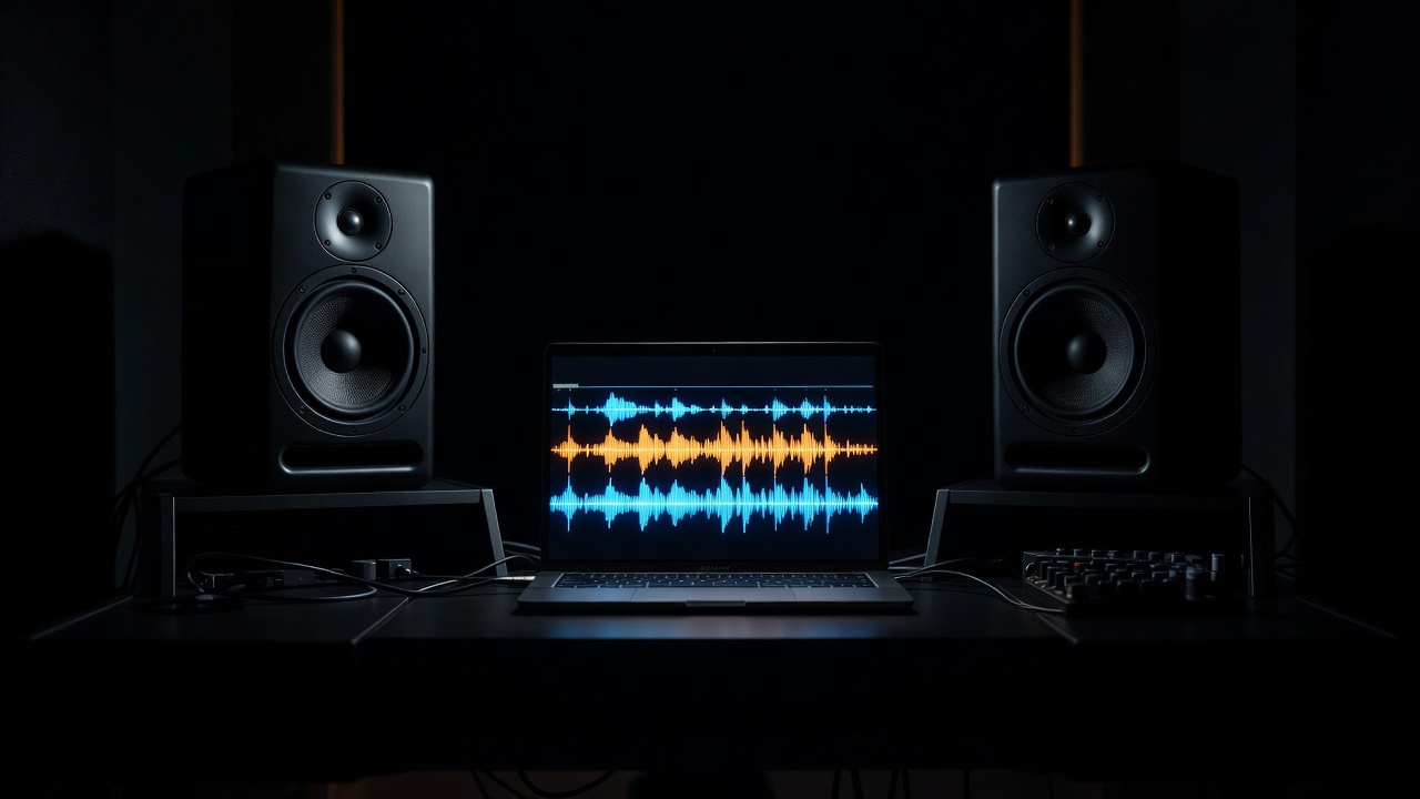 Studio monitors and a laptop displaying glowing level meters in a dark room at night, high contrast