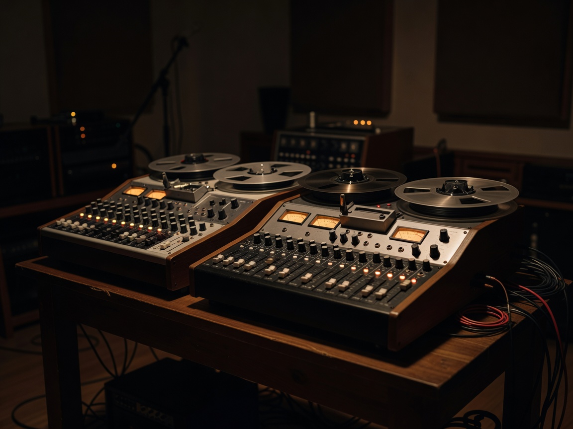 Reel-to-reel tape machine and a small mixing desk in a dim studio, lit by warm meter lights